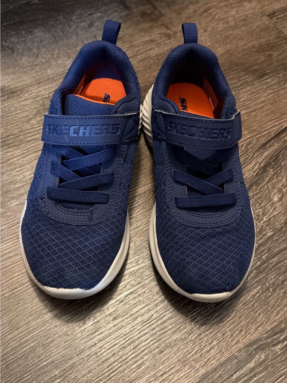 Skechers Kids Navy and Orange Mesh Sneaker with Hook-and-Loop Strap